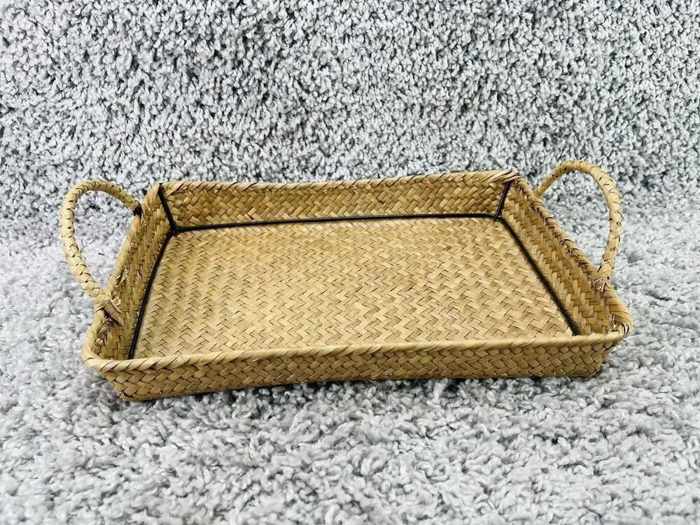 Rectangular Tray w/Handles Metal Frame Inside Weaved Basket Brown Home Decor